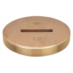 This cast bronze cleanout plug provides a corrosion-resistant closure for floor cleanout access points in plumbing systems. It has a 6-inch overall diameter and 1-inch overall height, with a bronze finish. The plug is suitable for use in industrial and commercial plumbing applications where durability and corrosion resistance are required.