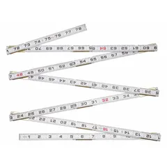 This folding rule measures 6 ft (1,800 mm) with a 1/16 in fractional scale. It features a rigid design and is 1.81 in thick. The red rule is suitable for linear measurement in construction and masonry applications.