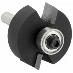 Carbide-tipped router bit with a 1 1/4 in cutter diameter for cutting rabbet joints. Used in woodworking to create recesses along workpiece edges for flush-fitting panels, such as in cabinet backs, drawer bottoms, and frame assembly.