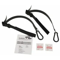 Nylon item-to-item bracing strap for securing countertop and desktop equipment. Includes two flexible strap attachments with 6-inch industrial hook-and-loop and side-release buckles. Supports up to 100 lb
