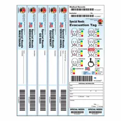Multi-color evacuation tag made of synthetic paper, measuring 8 1/2 inches overall width. Supplied in a pack of 20. Used for emergency evacuation and triage identification to categorize and track individuals during a disaster.