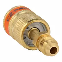 Brass anti-blowback swivel hose adapter with 1/4 in Male SAE Right-Hand input and 180° angle. Used in gas or fluid systems to prevent blowback while allowing swivel connection. Suitable for industrial welding, cutting, or fluid-handling setups requiring a leak-resistant brass fitting