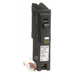 Single-pole plug-in miniature circuit breaker rated 15 A at 120V AC, with a maximum interrupting rating of 10 kA at 120V AC. Designed for use with Homeline load centers to protect branch circuits from overloads and short circuits in residential and light commercial applications.