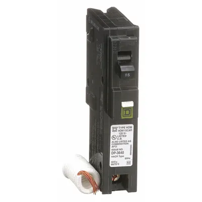 SQUARE D Miniature Circuit Breaker: 15 A, 120V AC, Single Phase, 10kA at 120V AC - HOM Series, Plug-In Square D Miniature Circuit Breakers