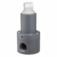 This PTFE pressure relief valve is designed for corrosive and ultra-pure liquid applications. It features 2 in FNPT x FNPT connections and operates within a temperature range of 32°F to 140°F. The valve provides overpressure protection and antisiphon functionality in piping systems handling aggressive fluids.