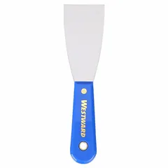 Standard scraper with a stiff, tapered carbon steel blade and a plastic handle. Designed for removing paint, adhesive, rust, and debris from flat surfaces on metal, wood, or concrete.