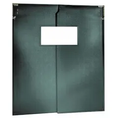 Two-door swinging door set in green PVC with a vinyl window. Includes bumpers, door seals, and mounting hardware. Meets USDA standards. Suitable for separating work zones in industrial facilities such as food processing, warehouses, and cold storage.