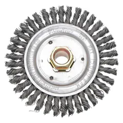 This WEILER weld-cleaning brush is designed for removing slag and spatter from carbon steel welds. It features a 4 1/2" diameter, 3/16" width, 5/8"-11 arbor, and 0.02" steel fill. Suitable for industrial fabrication and metalworking applications.
