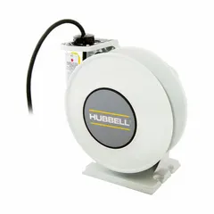 Hardwired self-retracting cord reel with ratchet lock mechanism. Features 75 ft of 12 AWG SOW cord in white, terminated with bare wire for hardwiring. Rated 600V AC. Suitable for industrial environments requiring a retractable power solution to keep work areas organized and reduce trip hazards.