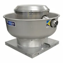 Direct-drive upblast exhauster for roof or wall mounting in commercial kitchen ventilation systems. Includes drive package, 15 in wheel, and 1/2 hp electronically commutated motor with variable speeds. Delivers 2,003 cfm at 0.000 in SP and up to 1,999 cfm at 0.500 in SP. Open dripproof enclosure, nameplate voltage 115/208-230V AC, suitable for high-static pressure applications.