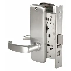 This BEST storeroom lever lockset features a satin chromium-plated stainless steel finish and a 40H escutcheon style. It is ADA compliant and accepts an interchangeable core. The ANSI F07 function locks the exterior lever, requiring a key for entry, while the interior lever allows free egress at all times.