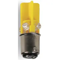 This LED lamp features a BA15d double-contact bayonet base and a T3-1/4 tubular bulb shape. It operates at 240V AC and emits amber light. Suitable for use in industrial signaling applications such as warning indicators and status lamps