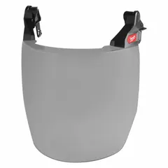 Reusable face shield assembly designed for hard hats, featuring a gray scratch-resistant visor. X-ray detectable for environments requiring contamination control. Compatible with MILWAUKEE BOLT™ series hard hats. Suitable for industrial tasks such as grinding, chipping, and chemical handling where face protection is needed.
