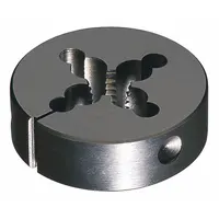 This adjustable round threading die is used to cut external UNC threads on metal rods or pipes. It features a 1"-8 UNC thread size, 3-inch outer diameter, and is made from carbon steel. Commonly applied in maintenance, repair, and fabrication tasks