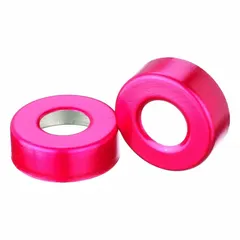 These WHEATON snap on bottle caps are made of red aluminum with an open top design. Unlined and non-vented, they are suitable for general closure applications on laboratory bottles and vials with a 20 mm diameter opening. Each pack includes 1,000 closures.