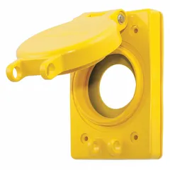 Thermoplastic weatherproof cover designed for locking 30A receptacles. Yellow, single-gang, vertical mounting orientation. Protects electrical connections from moisture and debris in outdoor or damp environments.