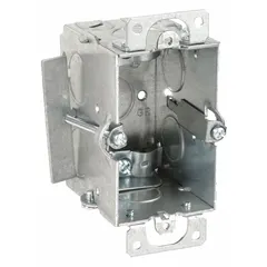 Steel cut-in electrical box for single-gang installations. Designed for mounting switches or receptacles in walls, providing a secure enclosure for wiring connections. Features NMSC clamp style, 2-1/2 in depth, and 3 in width.