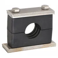 This beta clamp features a ribbed bore for vibration dampening and noise reduction in piping systems. Constructed from 304 stainless steel, it provides secure support for tubes and hoses while absorbing mechanical shock. Suitable for industrial applications such as hydraulics, pneumatics, and process piping