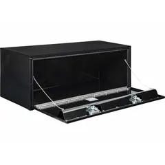 This single drop-down door box from BUYERS PRODUCTS features a gloss black finish and a keyed lock for security. Designed for underbody mounting on trucks, it provides weather-resistant storage for tools and equipment.