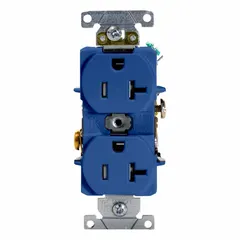 General-purpose duplex receptacle with tamper-resistant shutters to help prevent insertion of foreign objects. Rated 125V AC, 20A, 2-pole/3-wire, NEMA 5-20 configuration. Blue color. Suitable for use in residential, commercial, and institutional locations where code-compliant child-safe outlets are required.