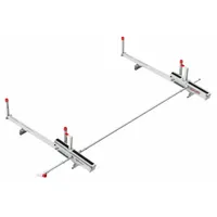 This WEATHER GUARD van roof rack is constructed from aluminum with a white finish. It is designed for securing ladders, pipes, and long materials on commercial vans for transport
