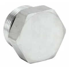This 316 stainless steel plug is a male threaded extreme pressure pipe fitting rated for 3600 psi. It measures 1 9/32 inches in length and has a 1 1/2 inch thread size. Used to seal high-pressure piping systems in industrial fluid handling applications.