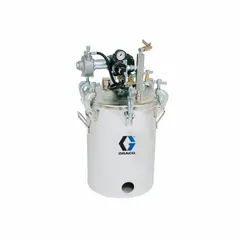 This GRACO paint pressure tank has a 5-gallon capacity and a maximum operating pressure of 100 psi. It includes an agitator for mixing and has a 19-inch outside diameter. Suitable for industrial finishing and fluid handling applications where consistent material conditioning is required.
