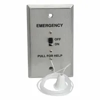This pullcord station operates at 24V DC and is finished in silver. It is FDA Listed and designed as a replacement part for nurse call or patient alert systems in healthcare environments. The station is activated by pulling the cord to signal for assistance