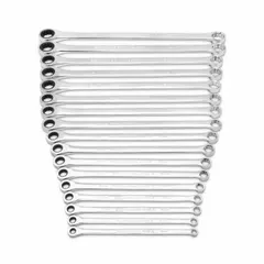 This 17-piece metric wrench set features double-end, 12-point ratcheting box ends for efficient fastener tightening and loosening in confined spaces. Made of alloy steel with a chrome finish, the wrenches cover a head size range of 8 mm to 25 mm and are supplied in a storage tray. Suitable for automotive repair, industrial maintenance, and mechanical assembly.