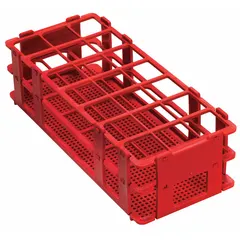 Red polypropylene test tube rack for benchtop use. Holds 21 tubes. Overall dimensions: 9 3/4 in length, 4 1/8 in width, 2 1/2 in height. Suitable for organizing and storing test tubes in laboratory settings.