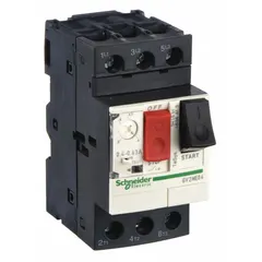 Three-pole non-reversing manual motor starter with integrated thermal overload protection. Rated 0.63 A, maximum 690V AC, 45 mm frame width. Push-button operation. Used for manual start/stop and overload protection of three-phase motors in industrial control panels, conveyors, pumps, and small machinery.