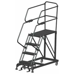 This rolling single-access platform provides a stable elevated work surface for maintenance, assembly, and warehousing tasks. Constructed from steel with a gray finish, it features a fixed-height platform measuring 24 in x 48 in and includes handrails. The foot-activated step lock secures the platform in position, supporting up to 800 lb.