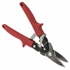 Left-cutting aviation snip with steel blades, plastic handle, and metal body. Overall length 10 in, cutting length 1 1/2 in. Includes lock for secure storage. Used for cutting sheet metals such as galvanized steel in HVAC ductwork and metal fabrication.
