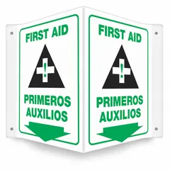 V-shape projection sign for identifying first aid stations. Made of PETG with a nominal size of 12 in x 14 in and 0.06 in thickness. Features mounting holes for secure wall installation. Not retroreflective, does not glow in the dark, and has no anti-slip surface.