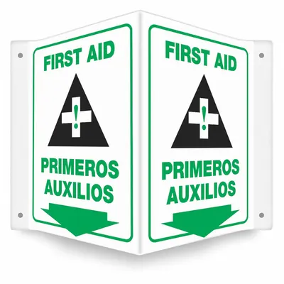 CONDOR Safety Sign: PETG, Mounting Holes Sign Mounting, 12 in x 14 in Nominal Sign Size - V-Shape Projection First Aid/Primeros Auxilios Signs