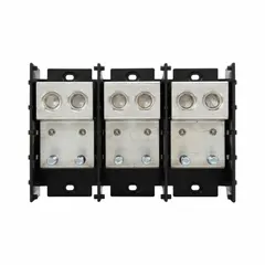 Surface-mount open block with line lugs and load studs for copper conductors. Accepts line-side wire sizes from 6 AWG to 500 kcmil. Used for distributing power in electrical panels, switchgear, and industrial equipment.