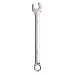This combination wrench features a 12-point box end and open end for turning 32 mm metric fasteners. Constructed from alloy steel with a chrome finish, it has an offset design and an overall length of 16 5/8 inches. Suitable for general maintenance and assembly tasks requiring a 32 mm wrench.