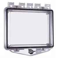 Clear polycarbonate wall fixture guard for annunciators, rated NEMA 3R for outdoor use. Water resistant, flush mount design with included hardware. Overall dimensions: 5 7/16 in length, 2 1/8 in depth. Protects against vandalism and accidental damage