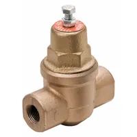 Iron-bodied water pressure regulator with 1/2 in female NPT connections. Adjustable outlet pressure range of 10 to 70 psi, maximum operating temperature 180°F. Used to reduce and stabilize incoming water pressure in plumbing systems, protecting downstream equipment from pressure surges