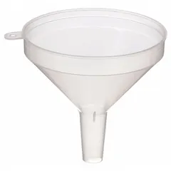 This clear plastic spout funnel has a 7 fl oz fluid capacity, a 3 7/8 in overall diameter, and a 3 3/4 in overall height. It includes a hanging tab for convenient storage. Commonly used for transferring fluids into containers with small openings in maintenance and workshop settings.