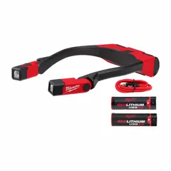 Rechargeable necklamp with 400 lumens maximum brightness and up to 8 hours run time. Features two light outputs and includes a USB Type-C charging cord. Suitable for hands-free illumination in maintenance, repair, and inspection tasks.