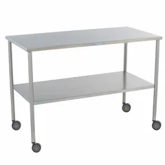 This fixed-height lab table features a stainless steel countertop and swivel casters for mobility. The corrosion-resistant surface facilitates cleaning, making it suitable for supporting instruments and equipment in laboratory settings.
