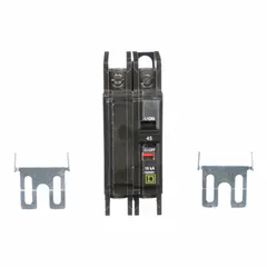 The SQUARE D QOU245 is a 45 A, 2-pole miniature circuit breaker from the QOU Series, rated for 120/240V AC with a maximum interrupting rating of 10kA at 120/240V AC. It is a single-phase, unit-mount breaker designed for overcurrent protection in heating equipment.