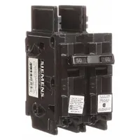 Bolt-on miniature circuit breaker rated 50 A at 120/240V AC, 2 poles, with high interrupting capacity. Provides overcurrent protection for branch circuits in commercial and industrial electrical distribution systems. Installs in Siemens panelboards