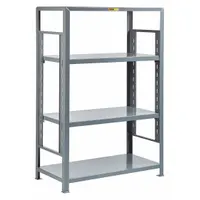 This starter unit is part of a heavy-duty adjustable open welded shelving system. Constructed with welded steel in a Dove Gray finish, it measures 60 inches wide by 24 inches deep with an overall height of 72 inches. The open design facilitates visibility and airflow, suitable for storage of bulky parts, tools, and equipment in industrial and warehouse environments