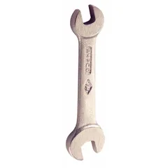 This nonsparking wrench is made from aluminum bronze with a natural finish. It features double-ended open jaws with 17 mm and 19 mm head sizes, and an overall length of 6 7/8 inches. Suitable for turning fasteners in environments where sparking must be avoided, such as areas with flammable gases or dusts.
