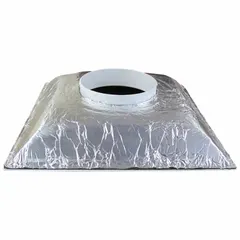 Ceiling-mounted square cone diffuser for distributing conditioned air in HVAC systems. Designed for lay-in ceiling grids, with a 10-inch duct connection. Constructed of white plastic and insulated. Dimensions: 23 3/4 inches square. No adjustable blades.