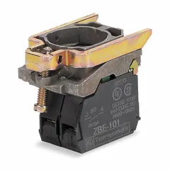 This contact and light block assembly from SCHNEIDER is designed for 22 mm panel mounting and is compatible with the XB4 series. It features a 2NO contact configuration and an incandescent lamp module rated for ≤250V AC/DC. No bulb is included. Typical applications include pushbutton stations, selector switches, and control panels in industrial environments.