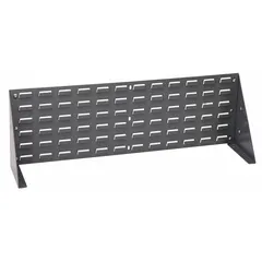 This benchtop louvered rack measures 36 inches wide by 12 inches deep with a 1/4-inch panel thickness. It features a gray powder-coated finish and is designed for one-sided use. The louvered panel accepts standard hooks and bins (sold separately) for vertical storage of small parts and tools in industrial workstations, maintenance shops, and assembly areas.