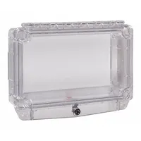This clear polycarbonate wall fixture guard is designed for outdoor use with duplex plugs. It protects against vandalism and accidental damage, surface-mounts on the wall, and includes mounting hardware. Overall depth is 2 1/4 inches. No alarm included